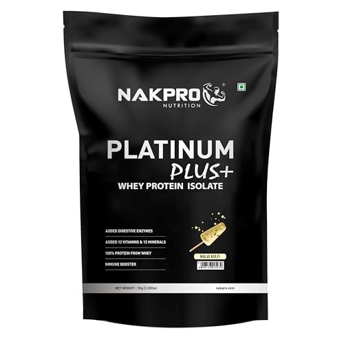 NAKPRO Platinum Plus+ Whey Protein Isolate with Digestive Enzymes | 28g Protein, 6.36g BCAA |Added Vitamins & Minerals (Malai Kulfi, 1 Kg)