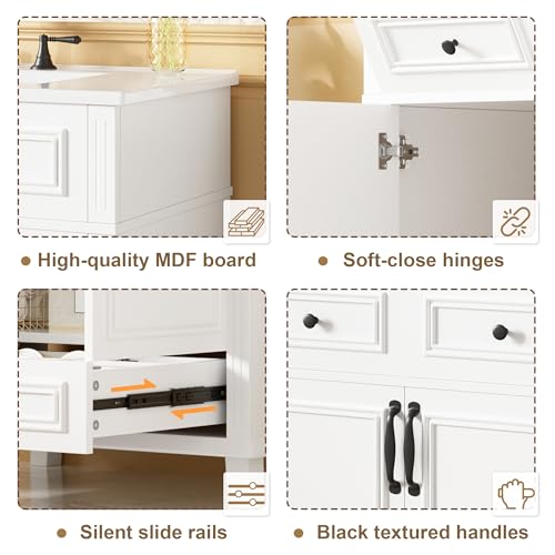 Mueble de lavabo de cerámica REXO de 77 cm con armario blanco de doble puerta 8