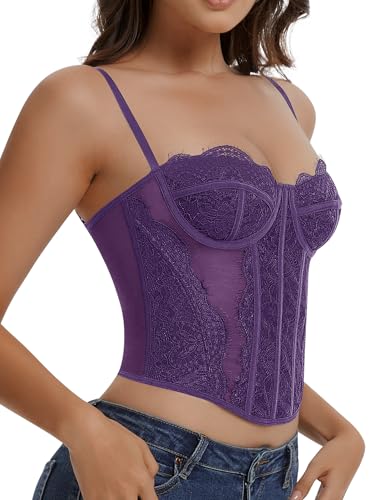 Image of Lace Corset Tops for Women Sexy Going Out Bustier Top Sleeveless Adjustable Straps Crop Tops with Back Hooks