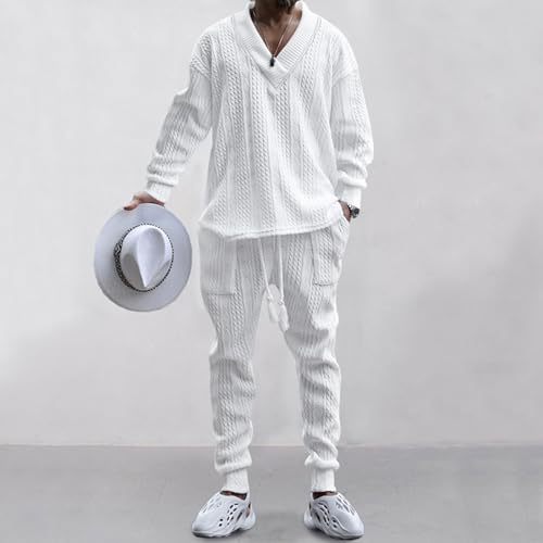 Athleisure Cable Jacquard Set Men,Men's Tracksuits V-Neck Long Sleeve Tops and Drawstring Jogging Pants Suits 2 Piece2