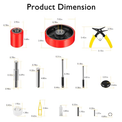 Image of Pallet Jack Wheels Kit for Most Hand Pallet Jacks- Complete Set with Steering Wheels 7 inchx 2 inch Pair, Load Roller 3 inch x 3.75 inch Pair, Entry Exit Rollers, Axles, Tools & Hardware - Red Polyurethane