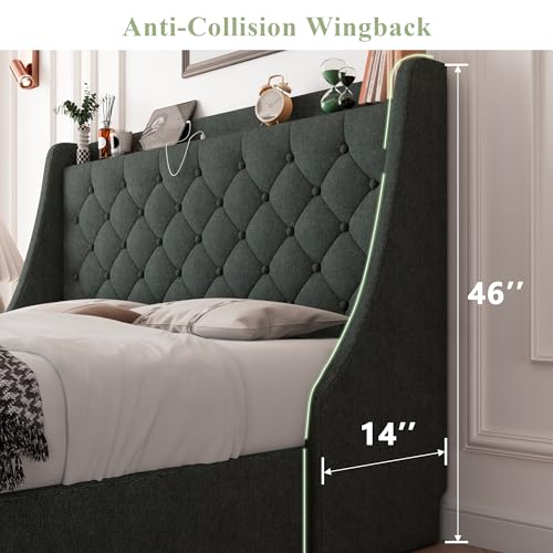 Image of Feonase Upholstered Full Size Bed Frame with 4 Storage Drawers, Charging Station, Tufted Wingback Storage Headboard, No Box Spring Needed, Easy Assembly, Dark Grey