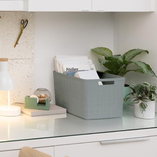 Curver Jute Decorative Plastic Organization and Storage Basket Perfect Bins for Home Office, Closet Shelves, Kitchen Pantry and All Bedroom Essentials, Set of 4