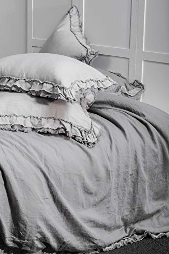 meadow park Washed French Linen 3 Pieces Duvet Cover Set, Reversible, King Size, Super Soft, Ruffle Style, Grey Color - Thumbnail 5