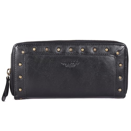 Vintage Genuine Italian Leather Boho Studded Wallet – Zipper Coin Purse & Credit Card Holder for Women (Black)