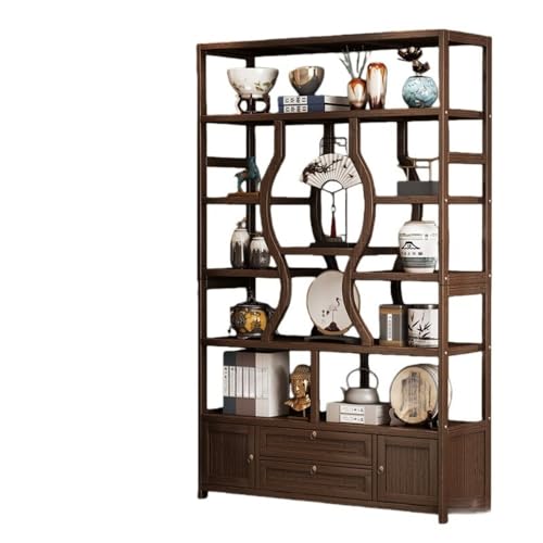 YQWオープンシェルフ 5段 収納ラック オープン 本棚 収納棚 飾り棚 ラック スリム ディスプレイラック 飾り棚 リビング収納 食器棚 組み立て 玄関の装飾に適しています (扉/引き出し付き(ウォルナット色),120cm(伸長時の高さ))