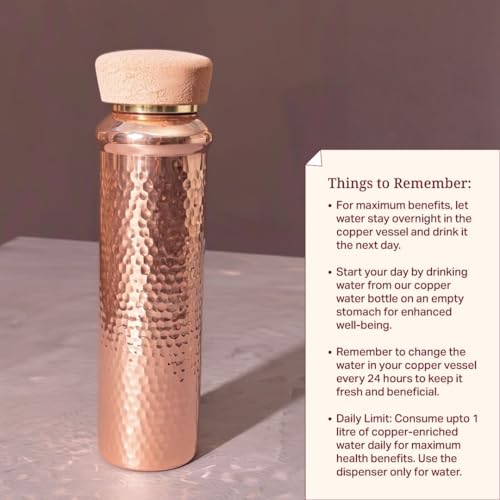 Image of P-TAL Premium Handcrafted Copper Water Bottle (1L) | Cork Cap & Smooth Silent Lid | Ayurvedic Tamra Jal Bottle