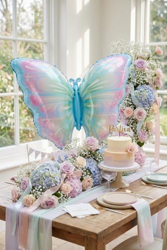 Pembe Mavi Kelebek Folyo Balon, Kelebek Temalı Kız Çocuk Doğum Günü Baby Shower Pastel Konsept Parti Süsleme Fotoğraf Köşesi Dekorasyon Balonu