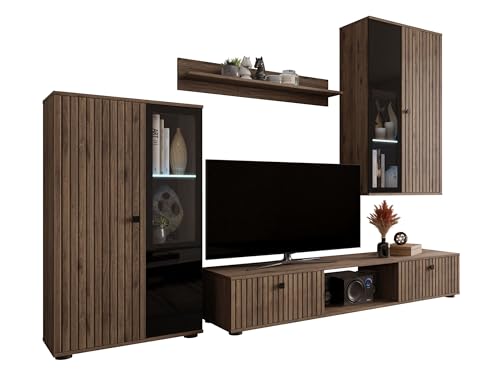 Mirjan24 Wohnwand Salsa II, Anbauwand, Design Mediawand, Wohnzimmer Set, Wohnzimmerschrank, Schrankwand, Hängeschrank, Vitrine, TV Lowboard (Nuss Okapi, mit Blauer LED Beleuchtung)