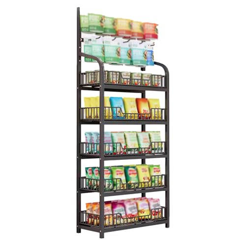 BFECGDXT 5-Tier Retail Candy Display Rack, Width 27.6" Snack storage shelf with Hooks and Wheels, Metal Wire Potato Chip Display Shelves for Store Supermarket Shelf, Home Kitchen, Black