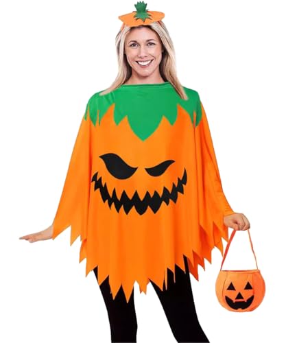 ABINGOO Halloween Calabaza Poncho Cosplay Fiesta Calabaza Fantasma Cara Wacky Disfraz Mujer Etapa Rendimiento Disfraz(B-Naranja,Tamaño Medio)