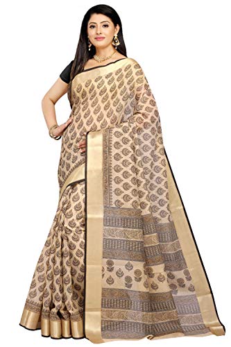 Image of RANI SAAHIBA Women's Poly Cotton Printed Saree With Blouse Piece (SKR6952 Beige-Black)