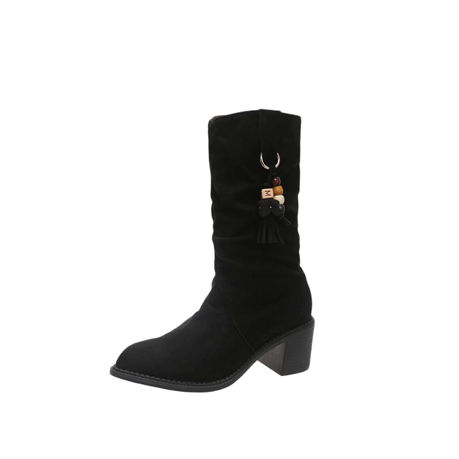 Mid Calf Fall Winter Boots for Women Slouchy Warm Suede Western Booties Chunky Heel Wide-Calf Boot with Zipper