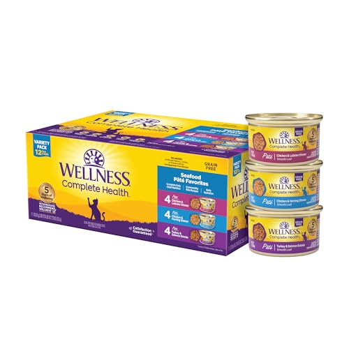 Image of Wellness Complete Health Pate Variety Pack Adult Canned Wet Cat Food, Natural, Protein Rich, Grain Free, Seafood Favorites, 3 oz, Pack of 12 Cans