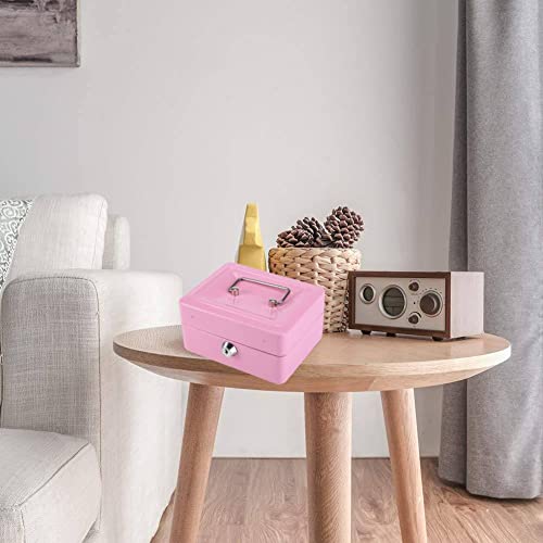 Feuerfeste wasserdichte Box mit Schlüsselschloss, Tragbare Mini Tragbarer Safe Stahl Petty Abschließbar Bargeld Geld Münze Schmuck Sicherheitsbox Geldkassette Tresor Griff Haushalt Ausweise Rosa(Rosa)