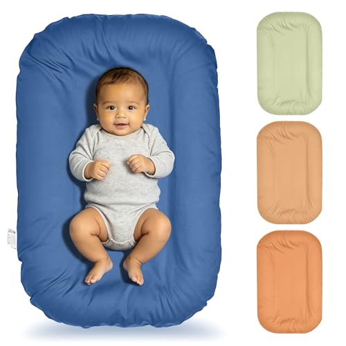 Image of Baby Lounger for Newborn 0-12 Months,100% Cotton Breathable Infant Lounger, Baby Shower Gift, Portable Lightweight Baby Nest for Home & Travel(Dusty Blue)