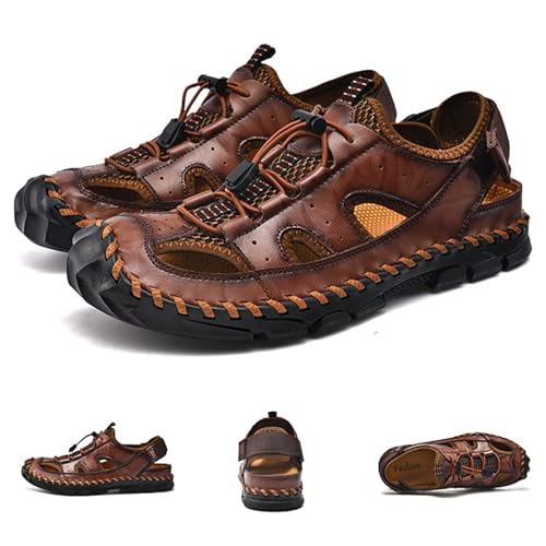 Men's Handmade Genuine Leather Sport Sandals Closed Toe Fisherman Beach Hiking Water Shoes Outdoor Lightweight Trail Casual Sandals