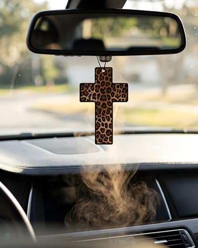 Image of Leopard Print 5pcs Car Air Freshener Corss Christian Cheetah Print Car Accessories Automotive Interior Hanging Scents Mirror Decor for Women Teen Girls