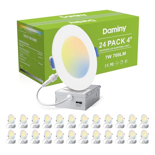 DAMINY 24 Pack 4 Inch LED Recessed Lighting with Junction Box 5CCT Ultra-Thin Recessed Light 7W 700LM Dimmable Canless Wafer Ceiling Light High Brightness
