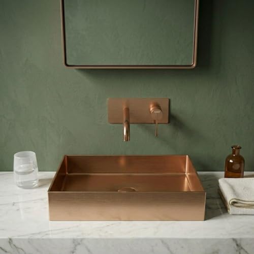 Image of Rose Oro Collection 55x38 cm SS 304 Brushed Stainless Steel Counter Top Wash Basin for Bathroom | Luxury Finish Kitchen & Bathroom Sink | Get 2 Years Warrenty