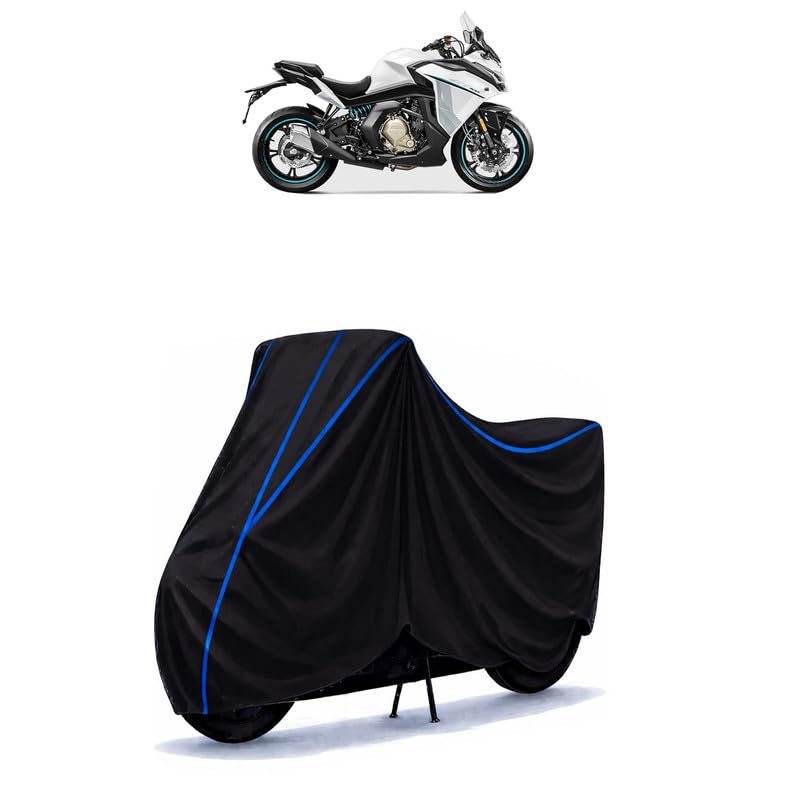 Image of CFMoto 400 GT Bike Cover Water Resistant Universal Motorcycle Rain | Heavy Duty UV Protection, Dust, Scratch Indoor Outdoor All Weather with Black Blue Piping Elastic