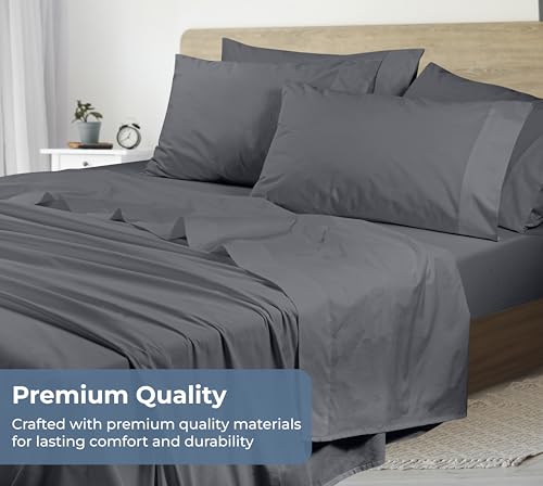 Image of ROYALE LINENS 100% Organic Cotton Queen Sheet Set - Percale Weave - 4 Pieces Set - 1 Flat, 1 Deep Pocket Fitted Sheet and 2 Pillowcases - Grey Bed Sheets - Sabanas Queen - Crisp Cool (Grey)
