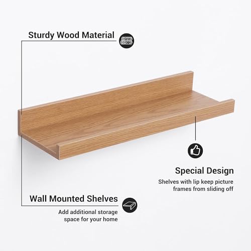Image of Wooden Floating Wall Shelves Set of 3 for Living Room & Bedroom | Modern Wall Mounted Display Rack for Decor, Photo Frames, Plants & Storage (Natural, 16 Inch)
