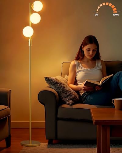 Lightdot 3 Globe Dimmable (Brightness Adjustable) Floor Lamp, Gold Pole Standing Lamps with 3000K G9 Bulbs, Mid Century Modern Floor Lamp for Living Room Bedroom Home Office