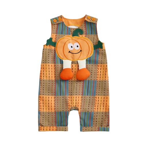 Baby Boy Halloween Outfits Newborn Pumpkin Overalls Plaid Romper Sleeveless Jumpsuit Infant Halloween Clothes