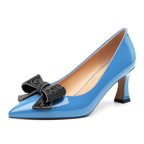 Image of Heels for Women Closed Patent Pointed Toe Bow Pumps Slip on Kitten Low Heels Wedding Party Dress Office Shoes 2.5Inch