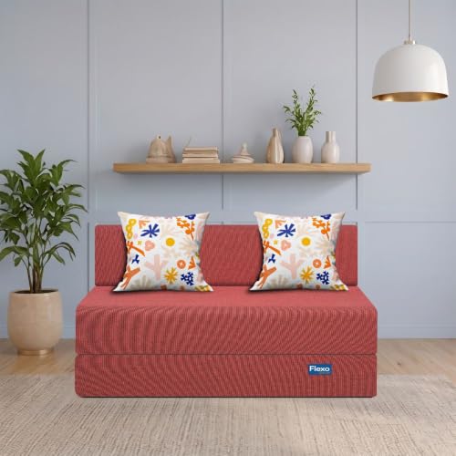 Image of Starlon 2 Seater Foldable Sofa Cum Bed 3-in-1 with 2 Floral Pattern Pillows, Washable Jute Fabric Cover, Space Saving Guest Bed, Pre-Assembled Royal Maroon 4x6 Ft