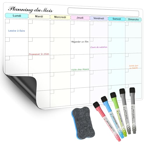 SONNELD Planning Frigo Magnétique – Semainier et Calendrier Mensuel Magnétique Frigo Effaçable – Organisation Familiale, Menus, Rendez-vous et Tâches...