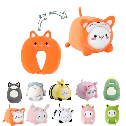 Image of Kids Travel Pillow - 2-in-1 Deformable Kids Neck Pillow for Traveling, Soft U-Shaped Pillow with Adorable Animal Design, Comfy Sleep and Play, Ideal for Airplanes and Traveling (QQ Orange Fox)