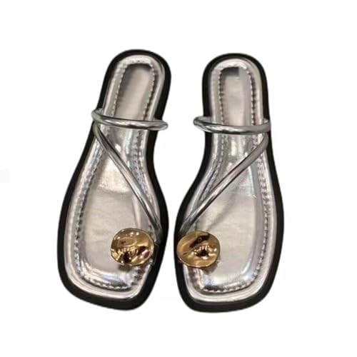 Image of Women'S Leather Strappy Flat Metal Toe Ring Sandals Fashionable Square Open Toe Low Block Heel Slip-On Clip Toe Slide Sandals Casual Summer Beach Slipper