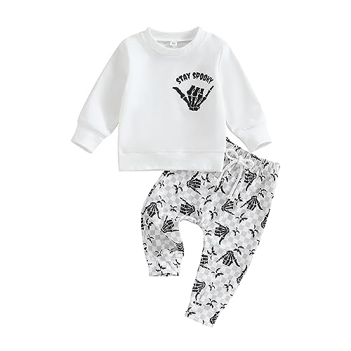 Image of Kayotuas Baby Halloween Outfit Girl Boy Pumpkin Ghost Long Sleeve Crewneck Shirt Top and Pants Set Cute Fall Winter Clothes