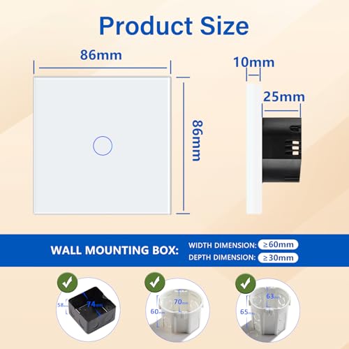 BSEED Touch Light Switch, Tempered Glass Panel with LED Indicator, 1 Gang 1 Way Touch Switch White, No Neutral Wire - Image 3