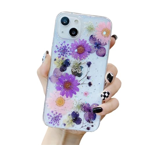 Compatibile con iPhone 16 Pro Max custodia trasparente con veri fiori secchi bella protettiva per 16 Pro Max motivo: viole del pensiero tpu