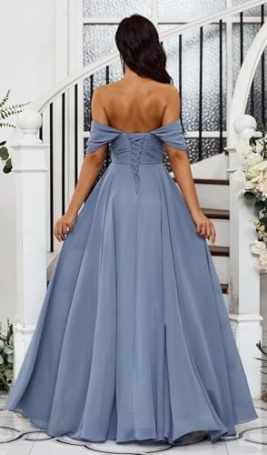 Off Shoulder Bridesmaid Dress with Slit Chiffon Prom Dresses Ruched V-Neck Formal Dress Long Party Gowns AKY0054