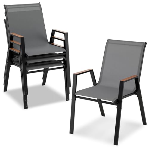 TANGZON Garden Dining Chairs Set of 2/4 Metal Frame Outdoor Stackable Armchairs with Backrests & Wood-Plastic Armrests Breathable Patio Dining Chairs for Balcony Poolside Backyard (4 Grey)