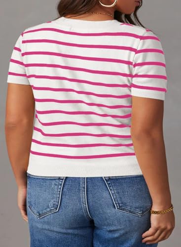 Image of Eytino Women Plus Size Sweater Tops Short Sleeve Crewneck Striped Tshirts Casual Summer Blouses Shirts(1X-5X)