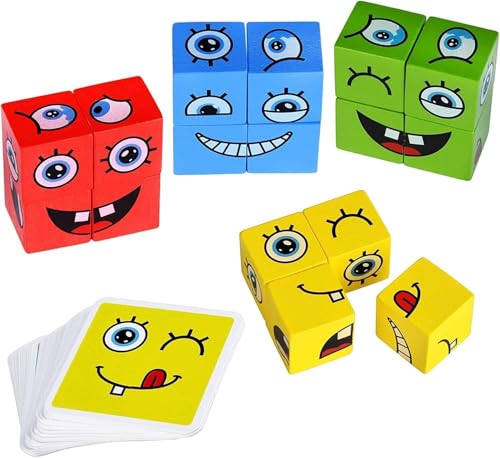 Image of PLUSPOINT Wooden Emoji Face Changing Cube Puzzle Game Expressions Matching Block Puzzles Building Logical Educational Training Toys 16 Face Blocks & 72 Playing Cards Birthday Gift for Kids Boys Girls