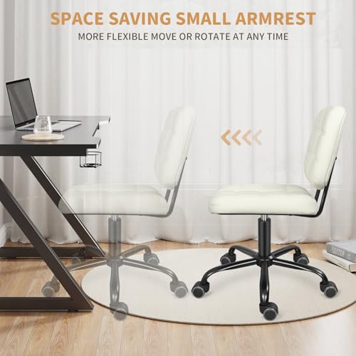 Image of Armless Office Chair with Wheels, Small Desk Chair with Wheels - White