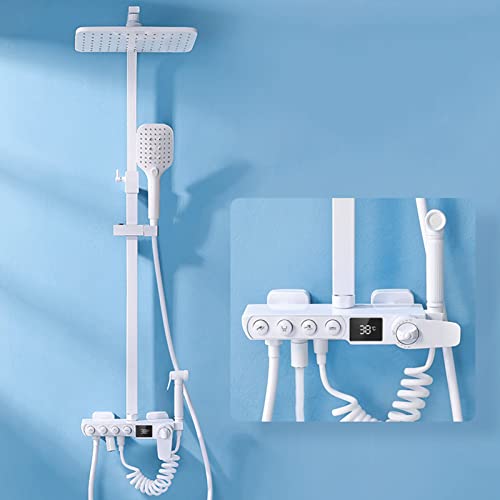 ZYCHSJXA Conjunto de grifería de Ducha Blanca termostática con Pantalla Digital expuesta para baño, de latón, con Altura Ajustable y Ducha de Mano con 3 Modos.