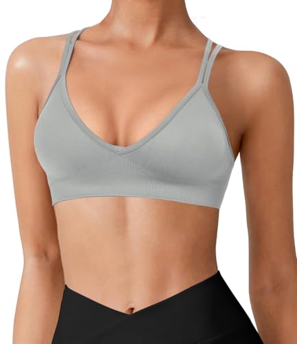 Image of VEQKING Seamless V-Neck Cross Back Women Sports Bra for Small Chest, 3 Pack | Made for A-C Cups, Spaghetti Straps, Removable Padded, Comfort Wireless for Low Impact Workout: Yoga, Lounging & Daily Wear