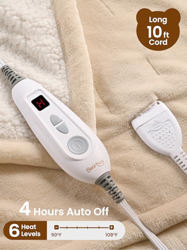 Image of Bearhug Electric Blanket Throw Size, 50 inch x 60 inch Heated Blanket with 6 Heating Levels & 4H Auto Shut-Off, Machine Washable Soft Velvet to Sherpa Reversible Heated Throw for Office, Couch and Sofa Beige
