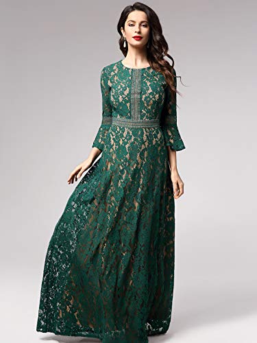 image for MISSMAY Women's Vintage Full Lace Contrast Bell Sleeve Formal Long Dre