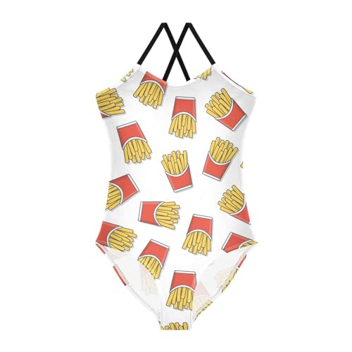 French Fries Girls One Piece Swimsuits Funny Fast Food Sport Halter Swimwear Beach Bathing Suit 5-6T