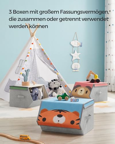SONGMICS Aufbewahrungsboxen, 3er Set, Faltboxen, Stoffboxen mit Griffen, Organizer, magnetischer Deckel, für Kinderzimmer, Spielzimmer, Tier-Motive, rosa, blau, grün und grau RFB760P03