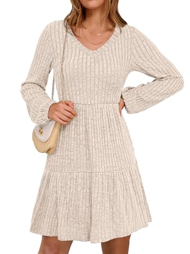 ANRABESS Women's Long Lantern Sleeve Ribbed Knit Dresses V Neck Casual 2025 Fall Winter Flowy Swing Tunic Sweater Short Dress