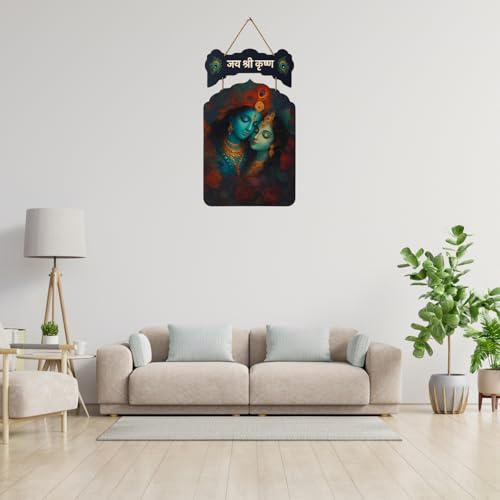 Image of GiftOday Jai Shree Krishna Wooden Wall Hanging for Home Kitchen Decor | Decorative Items for Livingroom | Modern Artworks Items | Peace Charm Door Accent Decorative Hangings Size-18 x 30 CM